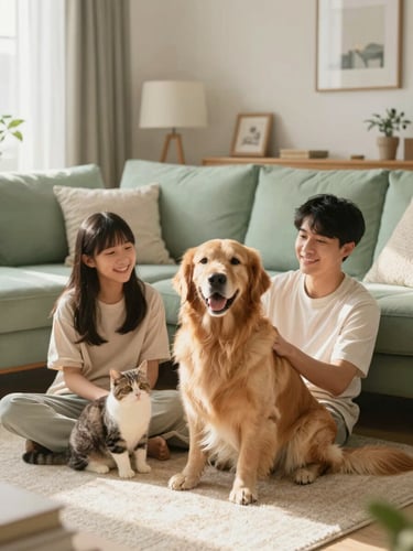 Warm lifestyle photo of a happy family with a golden retriever and a cat in a sunlit, organized living room with sage green cushions, cozy atmosphere, soft morning light