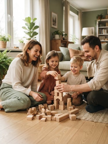 A happy young family sitting on a light wooden floor, playing with eco-friendly wooden blocks under soft morning window light, warm tones.
