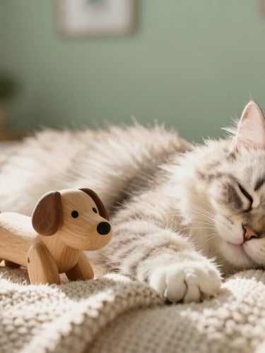 A happy fluffy cat sleeping on a soft beige knitted blanket next to a wooden dog toy, warm morning sunlight, cozy sage green room background, shallow depth of field.