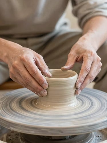 Gros plan sur les mains d'un artisan français façonnant une pièce en céramique sur un tour de potier, lumière douce et naturelle, texture de l'argile visible, ambiance artisanale et concentrée, 35mm, portrait
