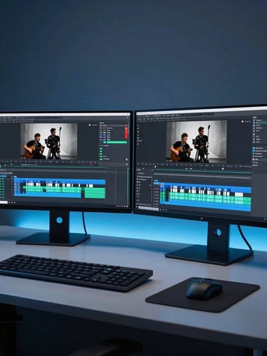 Sleek low-key tech studio setup, dual monitors showing video editing timeline and graphic design software, electric blue neon ambient lighting, 35mm photography