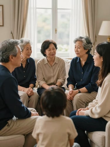 A multi-generational family (grandparents, parents, children) engaged in conversation in a warmly lit living room, soft natural window light, shallow depth of field, warm editorial photography, deep navy and champagne gold tones, natural and unposed expressions, portrait aspect