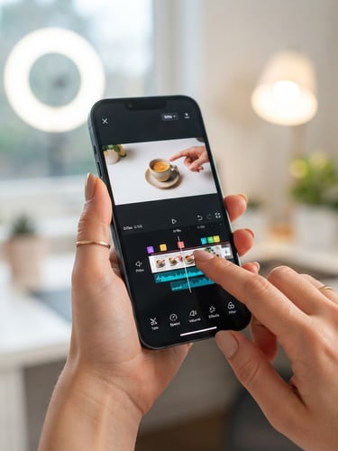POV close-up of a hand holding a smartphone, a clean video editing interface showing a product review on screen, bright ring light reflection in the background