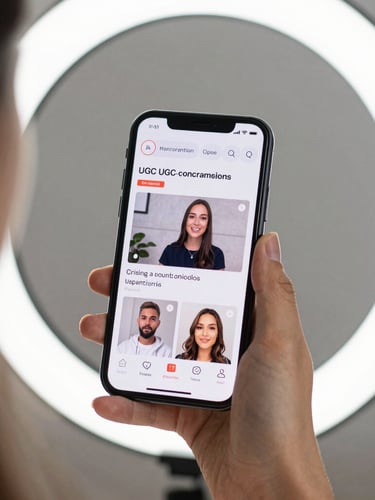 Over-the-shoulder view of a smartphone screen showing a high-converting UGC video ad, bright studio lighting, shallow depth of field.