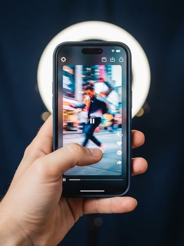 First-person perspective of a hand holding a smartphone displaying a dynamic vertical video with editing UI overlays, bright ring-light illumination, deep navy background.