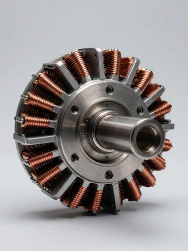 Wide macro photograph of a wound rotor assembly for a brushless synchronous alternator, rotor shaft centered in frame, copper exciter windings visible in high contrast studio lighting, neutral light-grey background, engineering precision framing