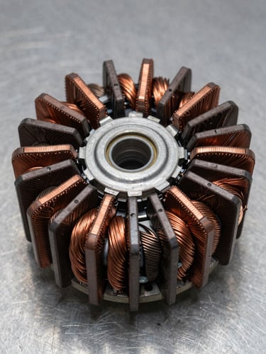Close-up macro photograph of synchronous alternator stator windings and laminated core, studio-lit from above on a clean steel-grey surface, tight framing showing copper winding layers and insulation detail, no people
