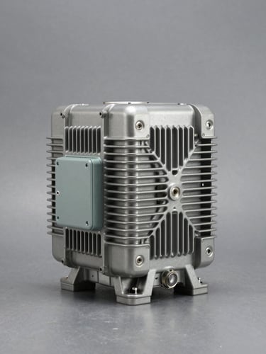 Full synchronous alternator unit standing upright on a clean steel-grey neutral background, even studio lighting, precise front-facing technical framing showing terminal box and ventilation grilles, no people