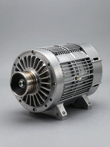 Full synchronous alternator unit on a clean neutral grey background, overhead three-quarter angle, machined end-shield and terminal box visible, precise studio lighting revealing surface finish detail, no people