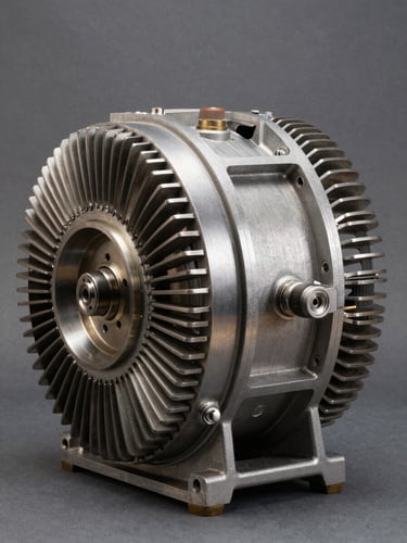 Close-up studio shot of a large synchronous alternator unit on a neutral dark surface, wound rotor visible through the end shield opening, precision machined steel housing under even controlled lighting, no shadows