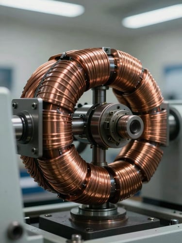 Close-up macro shot of a wound rotor assembly on a precision winding machine, clean industrial workshop, even overhead lighting, copper windings tightly layered on the rotor core, no people visible