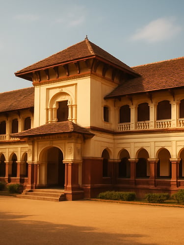Wide environmental shot of the Shri Mangalam campus building in Untarda, clean traditional architecture, warm natural daylight, 35mm.