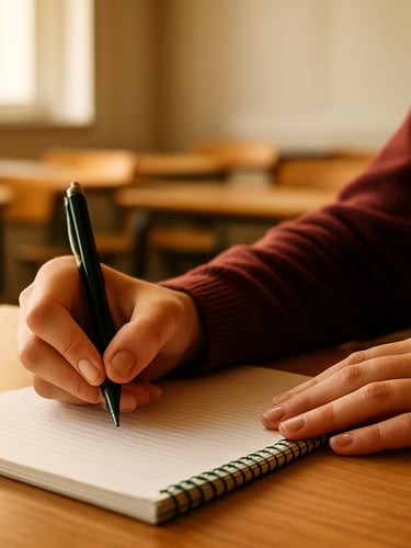Close-up of hands writing notes on a wooden desk in a bright classroom simulation lab, warm natural window light, 35mm
