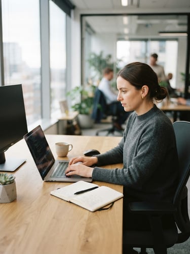 Clean modern office with natural light, a professional sitting at a desk with a laptop, warm gray tones, shallow depth of field, 35mm