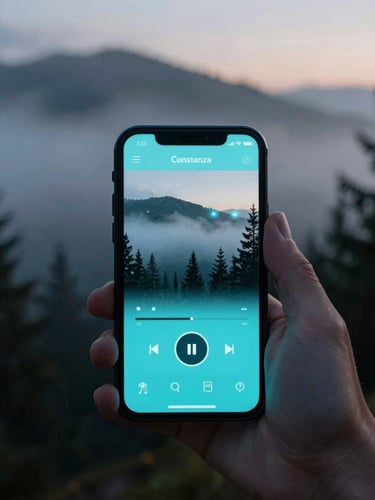 A close-up of a hand holding a modern smartphone displaying a sleek radio app interface, with the misty pine forests of Constanza softly blurred in the background, cool twilight lighting with cyan accents