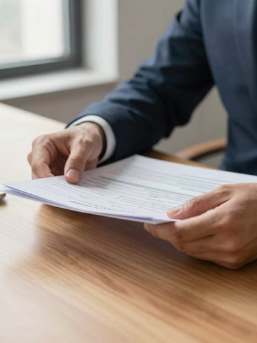 Close-up of hands reviewing physical financial reports on a solid wood desk, soft side-lit window light, professional corporate setting, warm tones