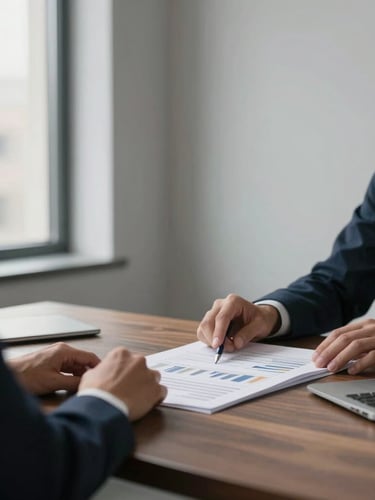 Editorial corporate photography, soft natural window light, a modern minimalist office in Madrid with clean lines, hands reviewing a financial report on a dark oak desk, professional atmosphere.