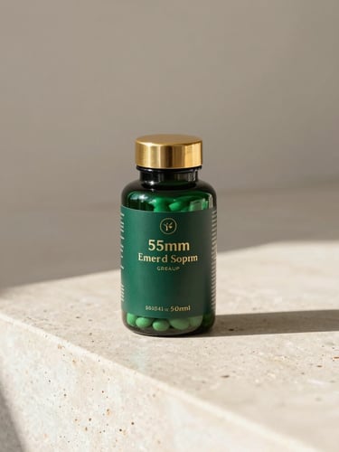 Warm editorial product photography of a premium emerald green supplement glass bottle on a sunlit stone counter, natural shadows, gold accents, 50mm