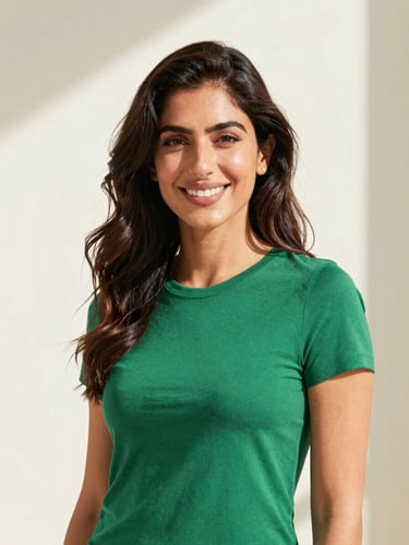 Warm editorial portrait of a healthy Middle Eastern woman smiling in bright natural sunlight, clean minimalist background, emerald green accents, 50mm