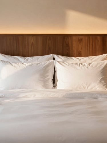 Sun-drenched luxury hotel suite bedroom with crisp white linens, walnut wood headboard, soft warm ambient lighting, portrait framing