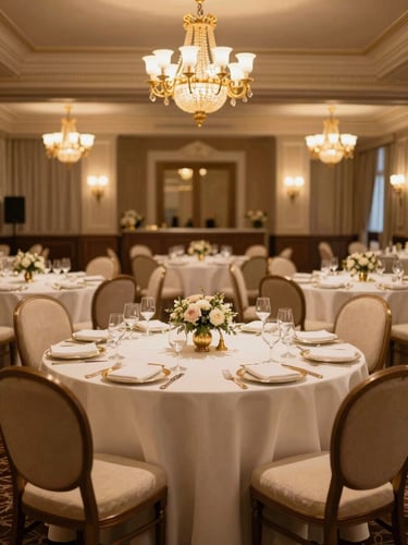 Wide environmental shot of an elegant hotel banquet hall set up for a premium gathering, warm golden chandelier lighting, luxurious ivory table linens, brass accents