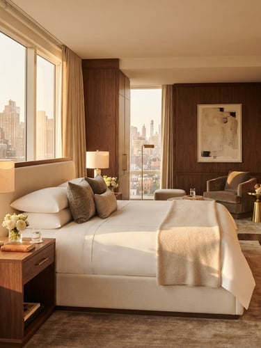Wide environmental shot of a sun-drenched luxury hotel suite at Hotel Vishal, crisp premium linens, warm golden-hour window light, walnut wood paneling, elegant brass accents, shallow depth of field