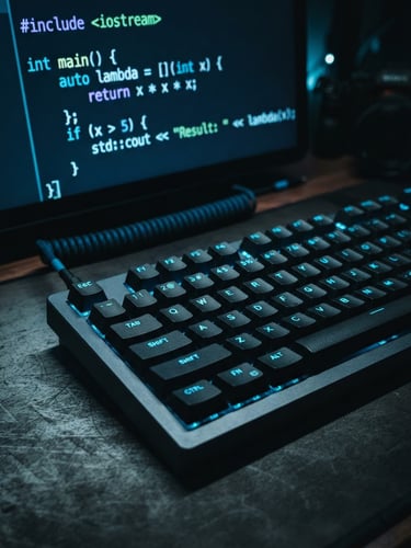Macro close-up of a mechanical keyboard and a terminal screen displaying code, cool neon blue backlighting, dark moody developer workspace, 35mm lens