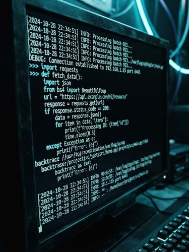 Macro close-up of a high-contrast terminal interface showing complex system logs and python code, cool electric cyan neon backlighting, dark moody developer workspace, 35mm lens