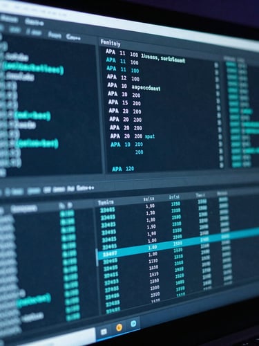 Macro close-up of a terminal screen showing complex debugging logs and API latency metrics in cool cyan and slate tones, dark developer workspace setting