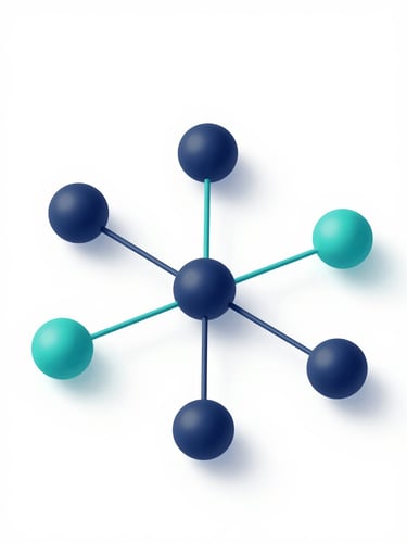A clean 3D digital render of connected network nodes, bright high-key studio lighting, corporate navy and teal accents, minimalist isometric perspective.