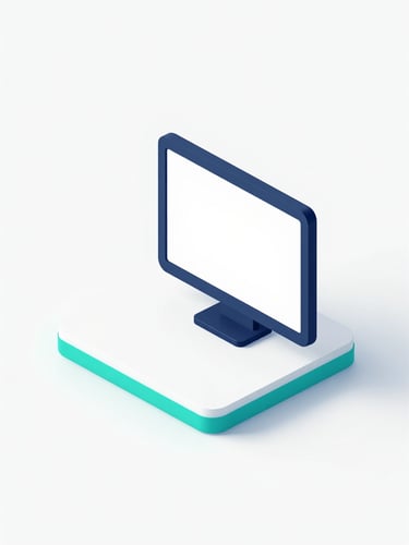 Minimalist 3D render of a clean digital ecosystem, bright high-key studio lighting, corporate navy and teal accents, isometric perspective.