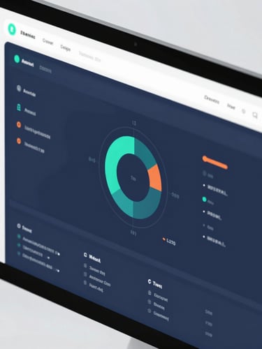 A close-up of a modern clean data dashboard on a screen, bright daylight reflecting softly, minimalist layout with teal and orange accents, professional environment.