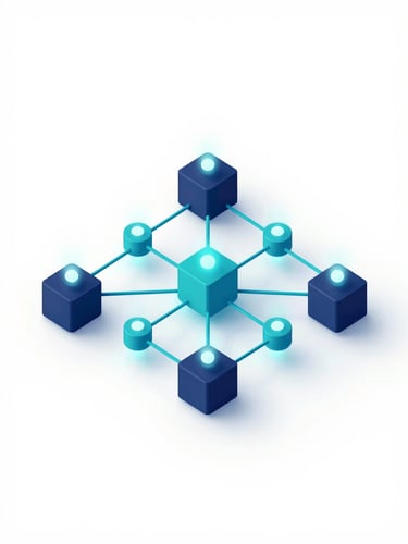 Abstract 3D digital ecosystem with glowing network nodes and data pipelines, clean minimalist isometric perspective, bright high-key studio lighting, corporate navy and teal accents.