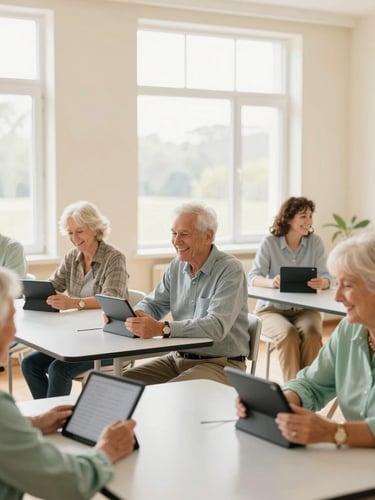 A bright and spacious classroom with seniors sitting comfortably at tables with tablets, smiling and chatting, warm daylight streaming through large windows, soft cream and sage green tones