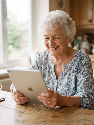 A close-up of a smiling senior woman in her late 70s sitting at a warm wooden kitchen table, looking happily at a tablet screen, soft natural window light illuminating her face, warm pastel home environment, 35mm photography