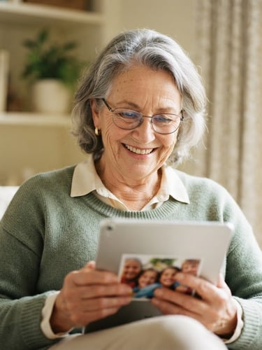A warm close-up of a senior woman smiling as she looks at a tablet screen, soft natural daylight, warm cream and sage green tones, shallow depth of field, authentic lifestyle photography