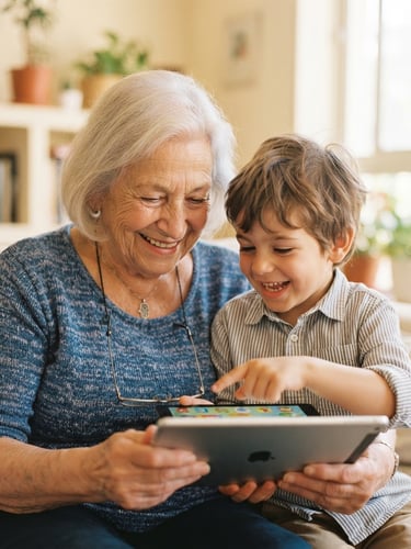 A warm close-up of a smiling Israeli grandmother in her 70s looking at a tablet screen with her grandson, soft natural daylight, warm cream background, shallow depth of field, 35mm