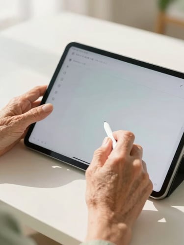 Hands of an older adult holding a stylus, gently navigating a tablet showing a simplified, large-font AI interface, warm morning sunlight, soft sage green accents, 35mm