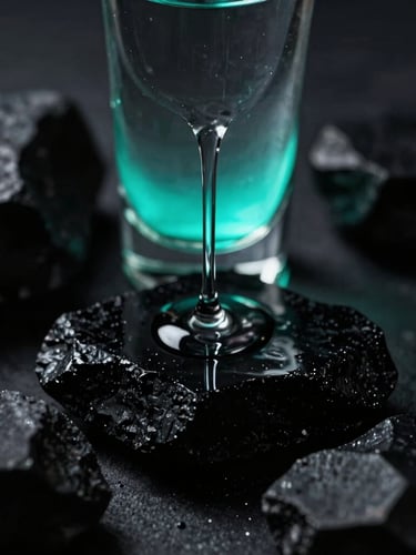Macro photography of clear liquid tequila dripping slowly over sharp, glossy black obsidian stone, deep shadows, subtle cyan backlighting, high-contrast, 35mm