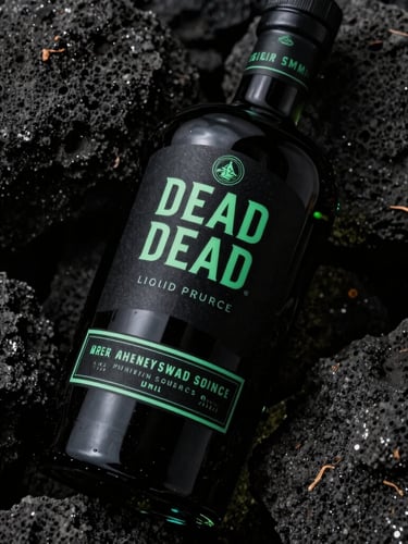 Extreme close-up of a heavy black glass bottle of Liquid Dead tequila, resting on raw textured volcanic rock, single-source key light, subtle electric green neon glow, 35mm
