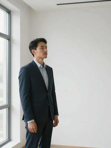 Tall editorial portrait of a calm, confident professional standing in a serene, light-flooded modern interior, near-white walls, diffused north-facing window light, minimal furnishings visible, subject positioned in left third of frame, generous negative space to the right, composed and unhurried mood