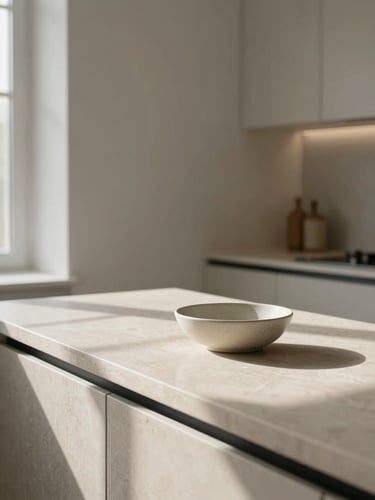 Close-up of a perfectly still kitchen counter in a minimalist German apartment, pale stone surface with a single ceramic bowl, north-facing daylight streaming in from the left, no clutter, architectural stillness, wide portrait framing
