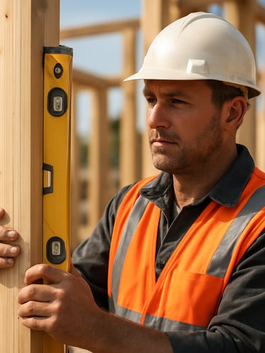 Medium documentary shot of an adult construction worker in a bright orange high-visibility vest and white hard hat, holding a level tool on a wooden frame, bright natural daylight, warm realistic tones, sharp focus, professional depth of field, 35mm