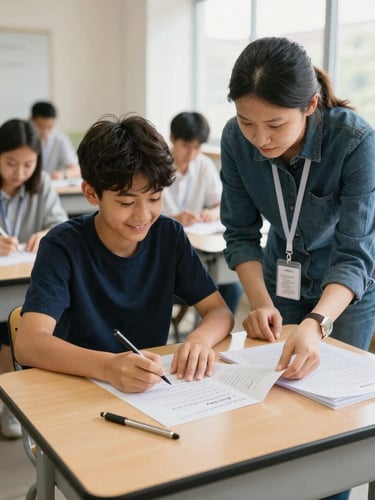 An adult student smiling while practicing professional French vocabulary with a trainer in a bright, warm classroom, authentic documentary photography, bright natural daylight, warm realistic tones, 35mm