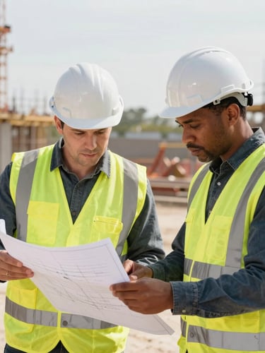 Documentary shot of two diverse adult learners in safety gear collaborating over a blueprint on a bright construction site, natural daylight, warm realistic tones, 35mm
