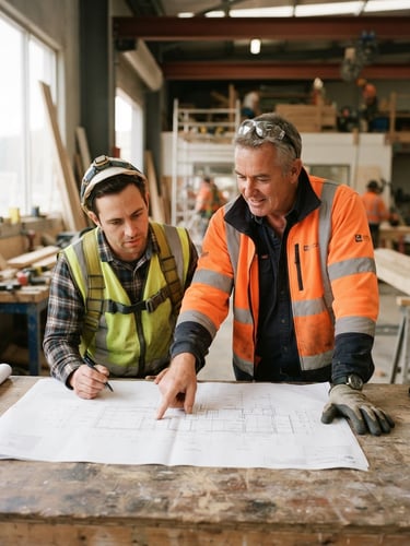 A supportive trainer pointing at a blueprint with an adult learner in a high-visibility vest, authentic documentary photography, bright natural daylight, warm realistic tones, 35mm