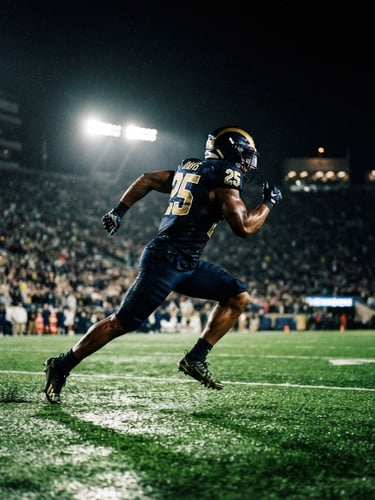 Low-angle heroic shot of a football player sprinting under dramatic stadium floodlights, dark atmospheric background, electric green turf reflections, 35mm