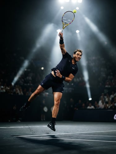 Low-angle dramatic action shot of a tennis player mid-serve, high-contrast stadium floodlights cutting through mist, dark background, shallow depth of field, 35mm.