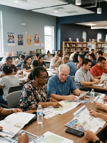 Wide shot of a community safety awareness workshop in a brightly lit Georgia library, diverse local residents sitting at tables reviewing printed emergency plans, natural daylight, candid 35mm lens