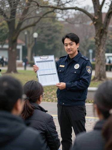 Candid documentary style photo of a community safety coordinator presenting a transparent financial budget chart to local residents in an overcast outdoor park.